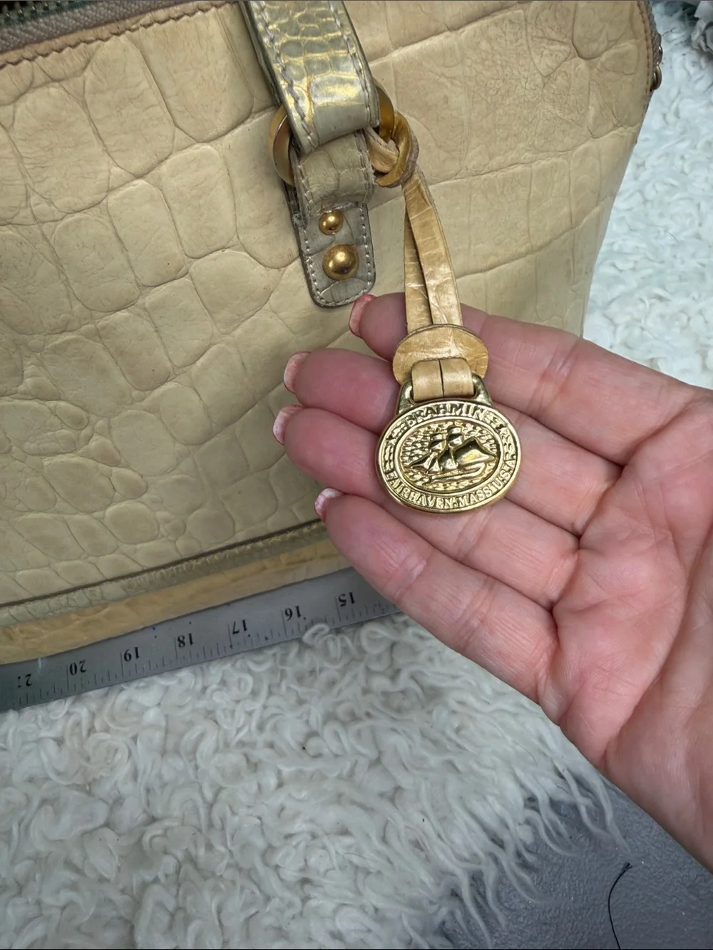 Brahmin Dome Classic Croc-Embossed Dome Satchel in Cream and Tan,NO LONG STRAP